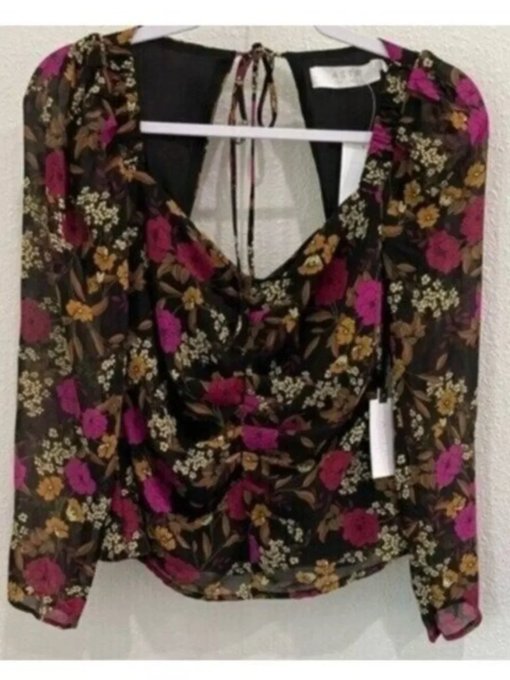 Astr Dark Floral Ruched Blouse Feminine Whimsigoth Open Back